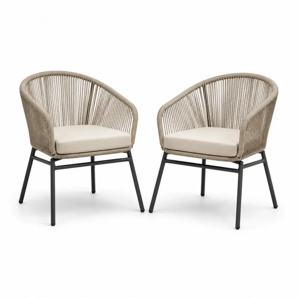 2er Set Gartenstühle mit Armlehnen 58 x 61 x 78 cm PE Seilgeflecht Stahl Beige Creme Schwarz