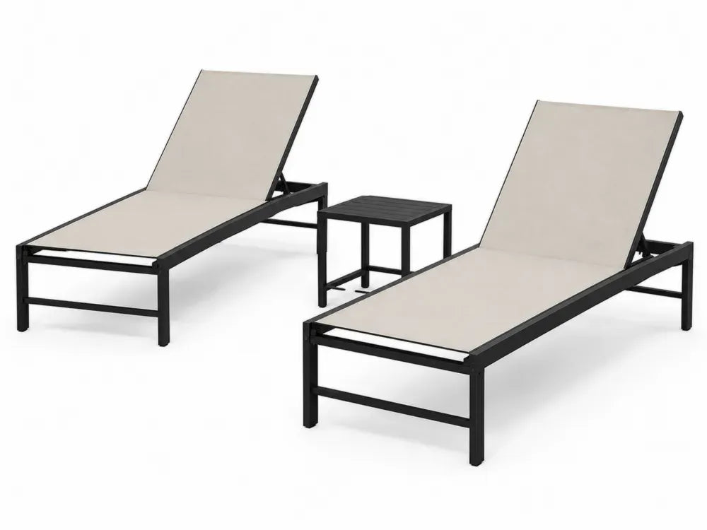 Sonnenliegen Set 3 teilig mit 2 Liegen und Beistelltisch Stahlrahmen PVC beschichtetes Polyestergewebe Beige Schwarz Liege 190 x 61 x 96 cm Tisch 45 x 45 x 45 cm