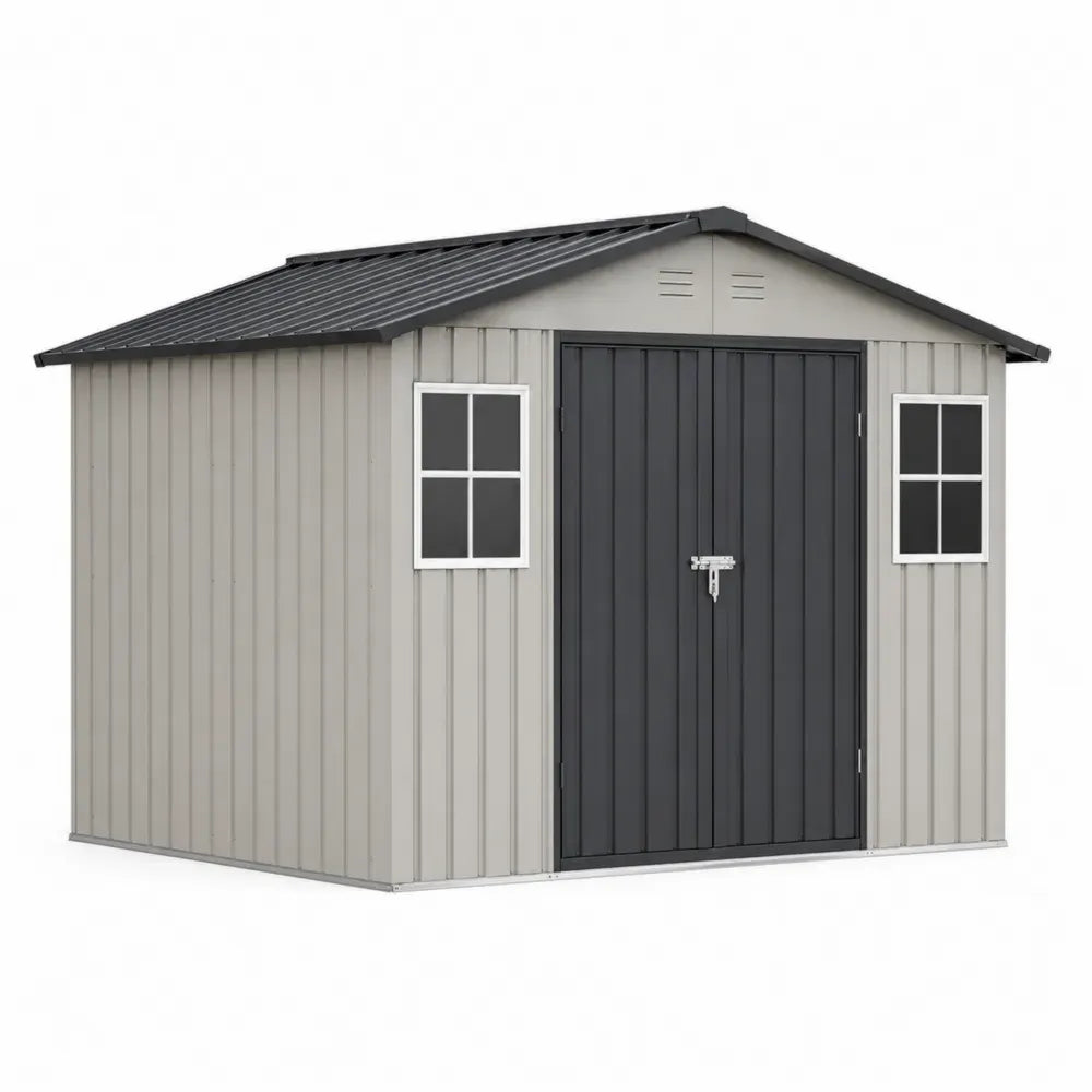 Gartenschuppen Gerätehaus rechteckig aus verzinktem Stahlblech Beige Anthrazit Weiß 319 x 277 x 225 cm mit Doppeltür und 2 Fenstern