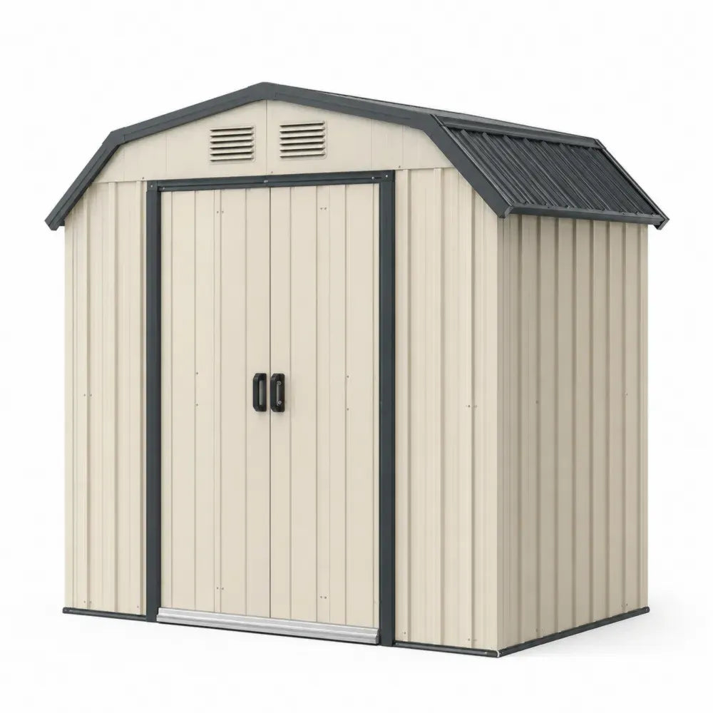 Gartenschuppen Metallgerätehaus aus verzinktem Stahlblech rechteckig mit Satteldach und Doppelschiebetür beige dunkelgrau 242 x 181 x 222 cm