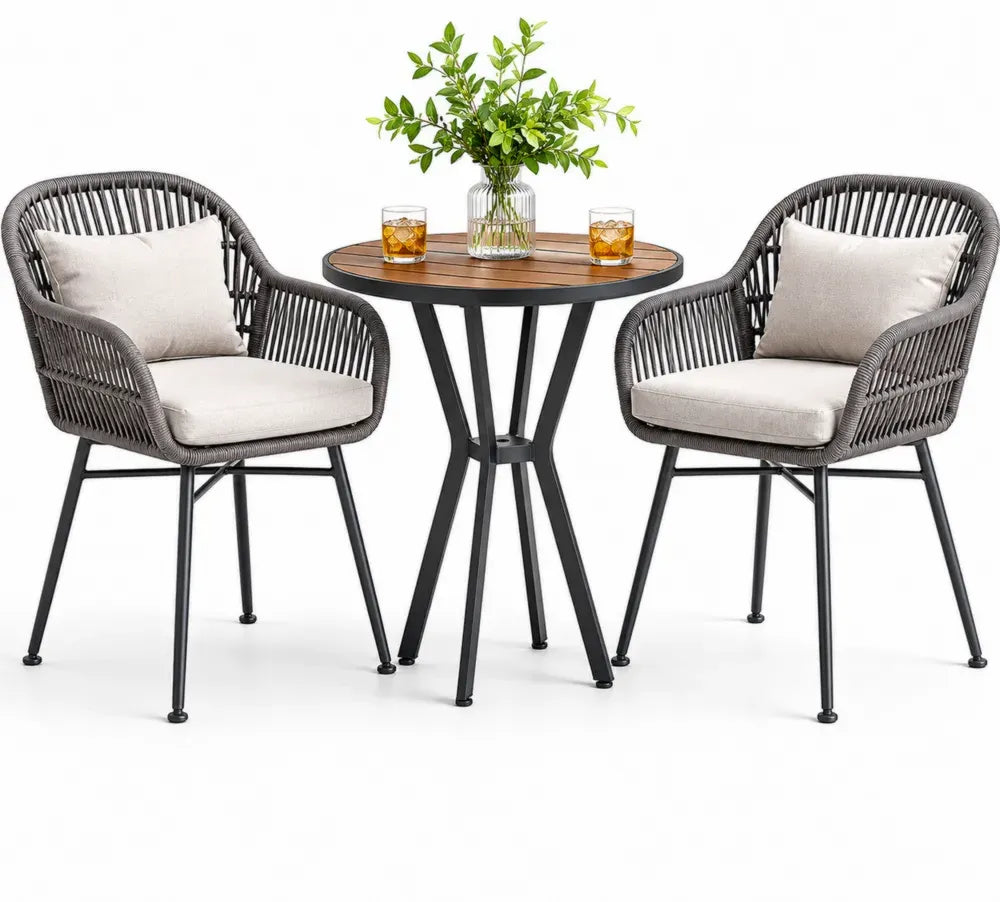 3-teiliges Gartenbar Möbelset mit 2 Stühlen und rundem Tisch PE Rattan Akazienholz Stahl Grau Creme Schwarz Naturholz