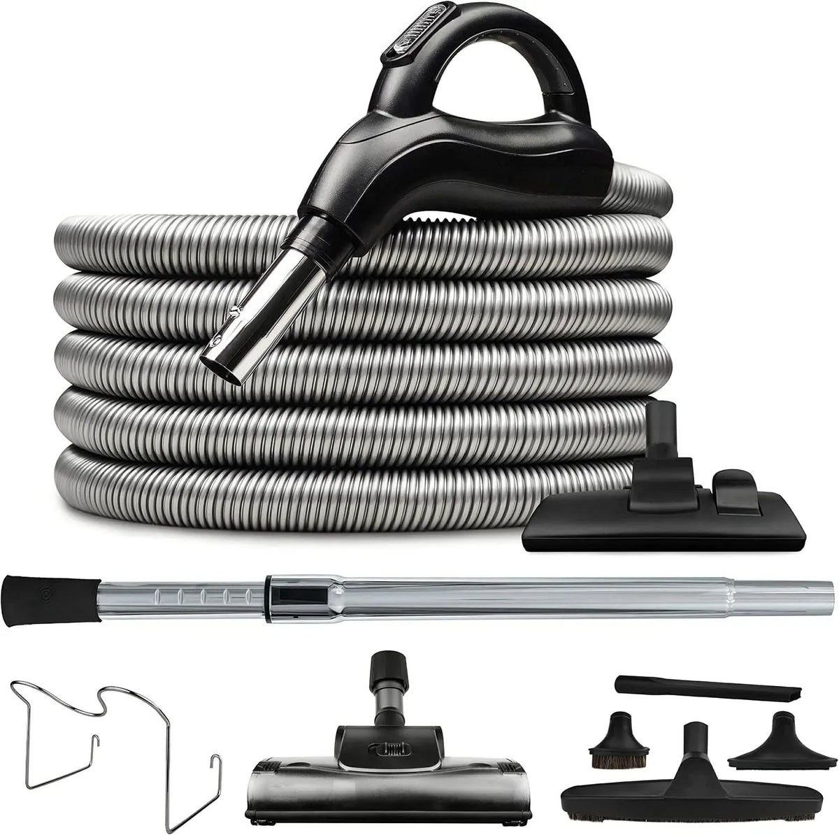 Staubsauger 12m, Silber, elektrisches Staubsauggerät, Silver Saugschlauchset EIN/Aus Griff + Stecker 360° drehend Zentralstaubsauger