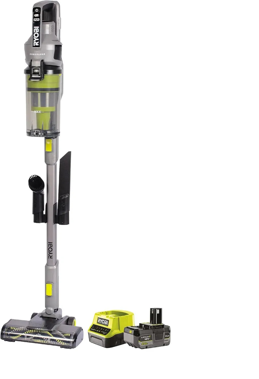 Staubsauger, 18 V, RYOBI, 90 AW Saugleistung, 4 Ah Akku und Ladegerät, LED-Kopfbeleuchtung, HEPA-Filter