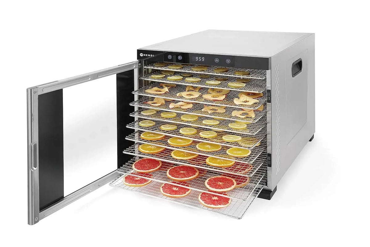 230V/1000W Dörrautomat, Lebensmitteltrockner, 1000 W, 35 bis 75 °C, 230 V, 416 mm, Timer, Edelstahl, HENDI
