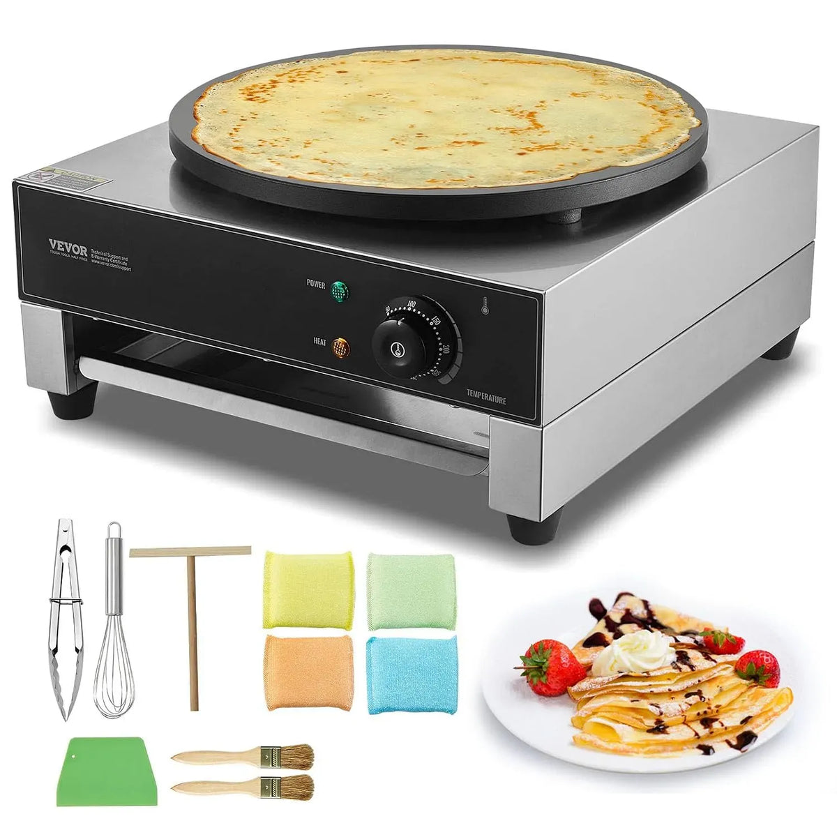 VEVOR Crepe-Maschine, fannkuchenherd, Crepemaker, 40 cm, 3000 W, Grill, Antihaftbeschichtung, Edelstahl