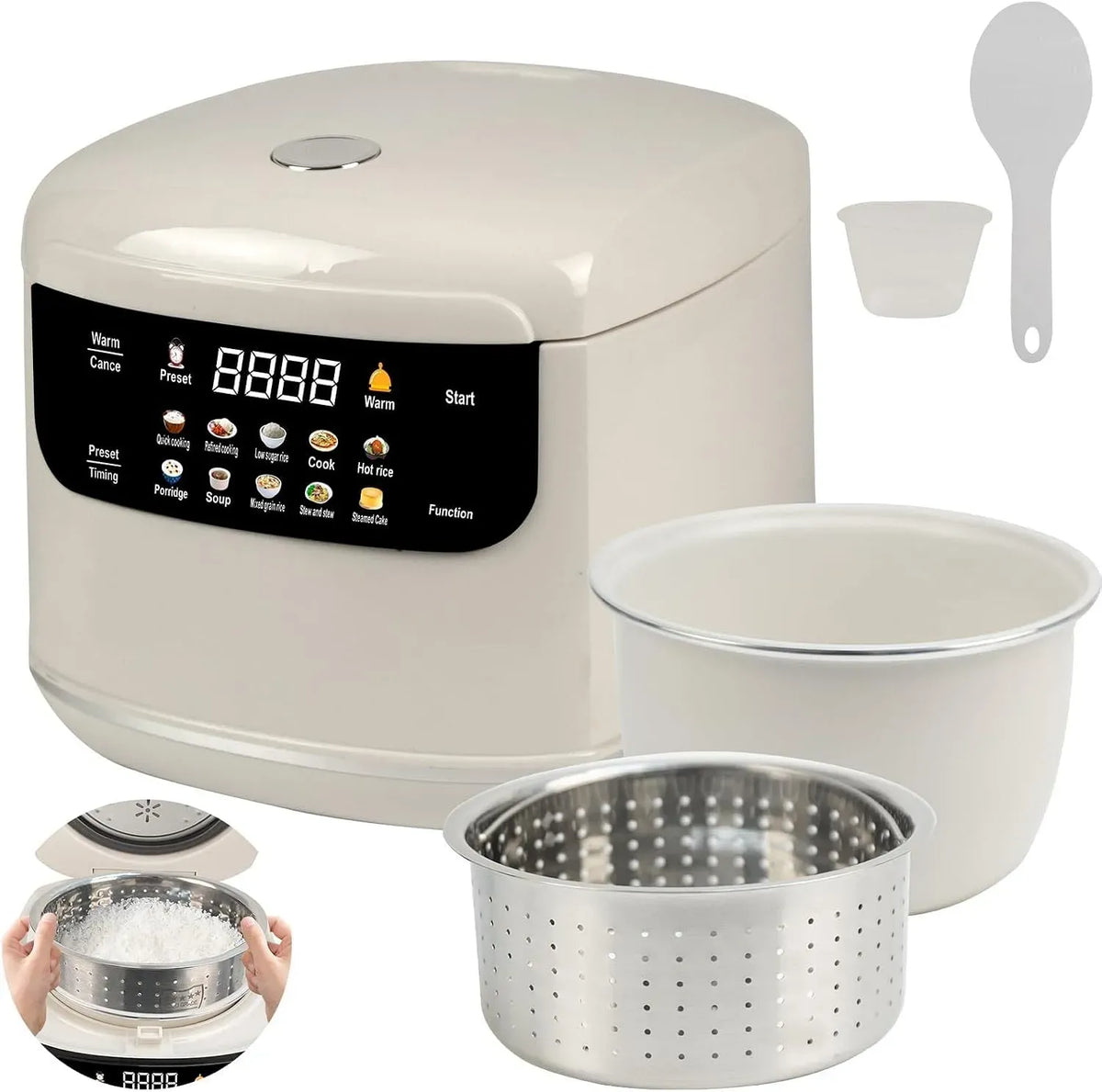10-in-1 24-Stunden-Zeitvorwahl Low-Carb-Kocher, Reiskocher, Dampfgarer, elektrischer Reiskocher, 2 L, Warmhaltefunktion, Wärmefunktion, THEGA