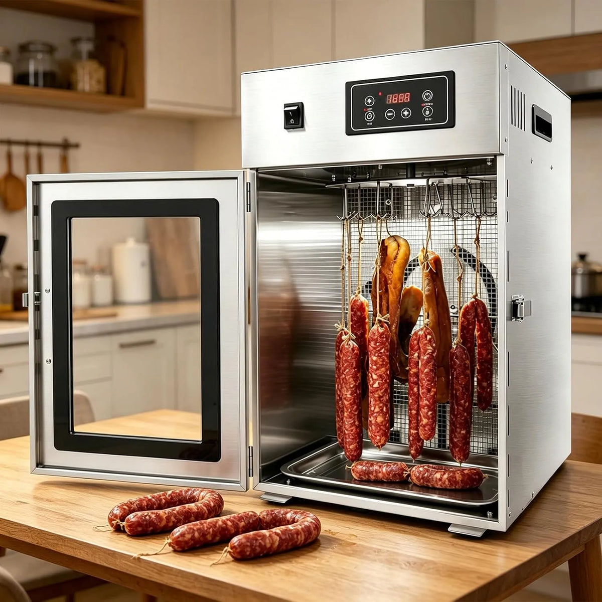 Wäschetrockner, 800 W, 30 bis 90 °C, Dörrautomat 24-Stunden-Timer, Edelstahl, 800W Edelstahl Fleisch-Trockenschrank mit 14 Haken