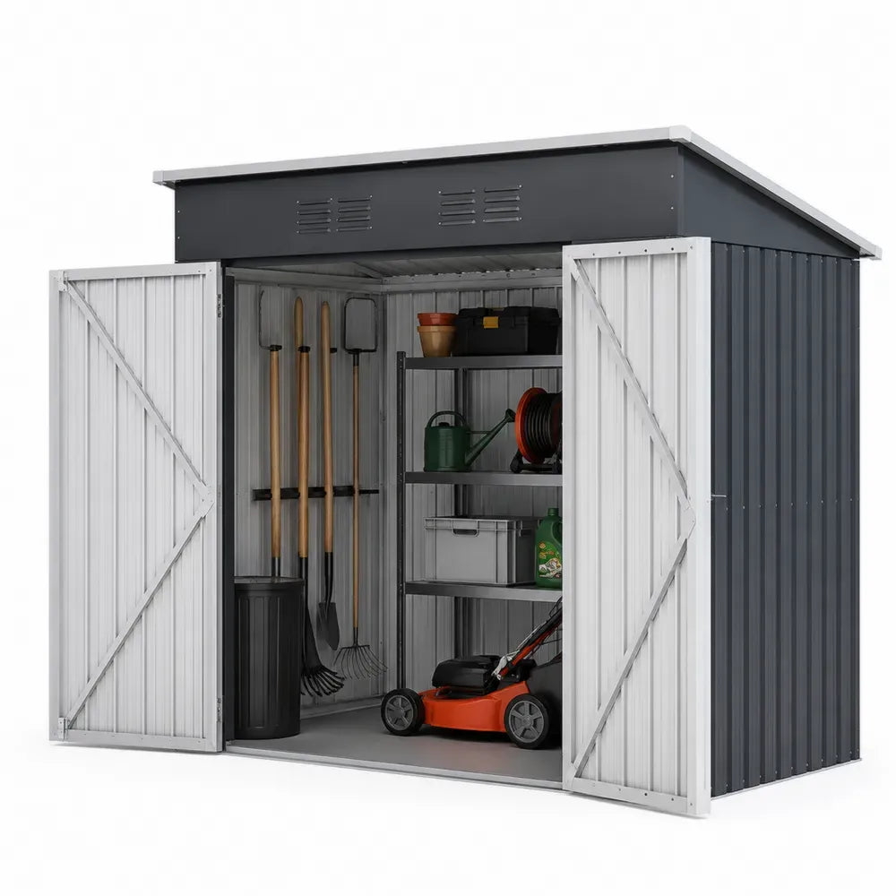 Gartenschuppen Gerätehaus Metall rechteckig aus verzinktem Stahlblech Anthrazit Weiß mit Doppeltür und Pultdach 257 x 205 x 178 cm