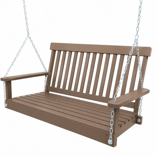 Hängebank Gartenschaukel 3 Sitzer rechteckig aus HDPE Kunststoff mit verzinkten Stahlketten Braun Silberfarben 152 x 64 x 62 cm