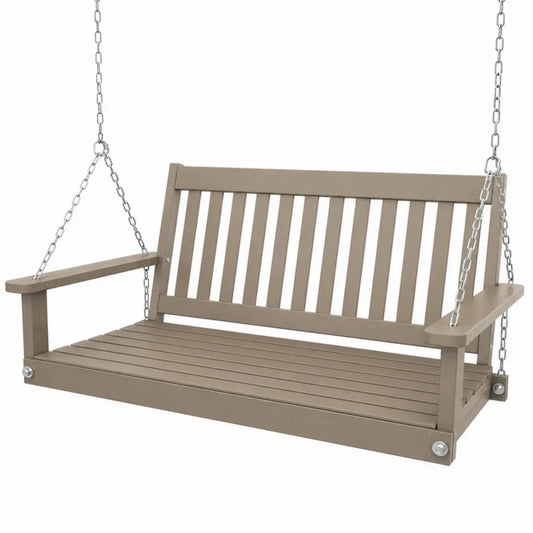 Hängebank Gartenschaukel 3 Sitzer rechteckig aus HDPE Kunststoff mit Stahlketten Taupe Silberfarben 150 x 64 x 60 cm