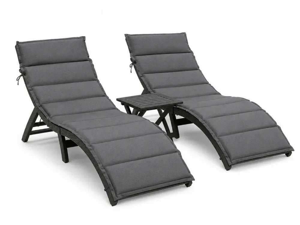 Gartenliegen 2er Set mit Beistelltisch PE-Rattan Schwarz Dunkelgrau mit Stahlrahmen und Polyesterauflagen Liege je 195 x 65 x 88 cm Tisch 45 x 45 x 45 cm