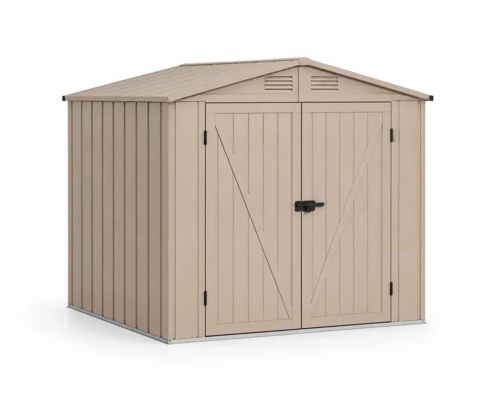 Gerätehaus Gartenschuppen mit Doppeltür rechteckig PP-Kunststoff Beige Schwarz mit Satteldach 213 x 215 x 228 cm