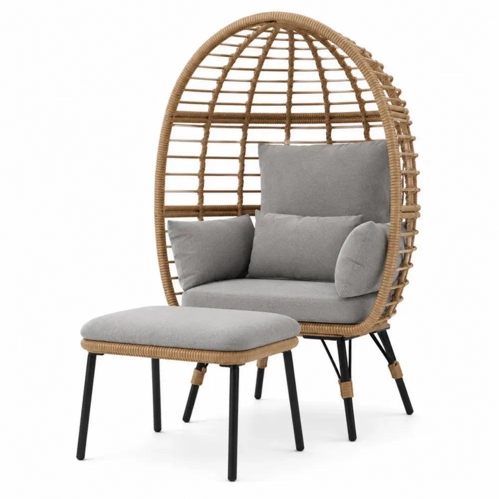 Garten Loungesessel Set 2-teilig mit Hocker oval PE-Rattan Naturbraun Grau Schwarz mit Stahlrahmen und Polyesterkissen Sessel 95 x 82 x 148 cm Hocker 68 x 53 x 43 cm