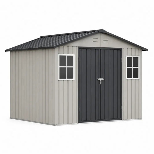 Gartenschuppen Gerätehaus rechteckig aus verzinktem Stahlblech Beige Anthrazit Weiß 319 x 277 x 225 cm mit Doppeltür und 2 Fenstern