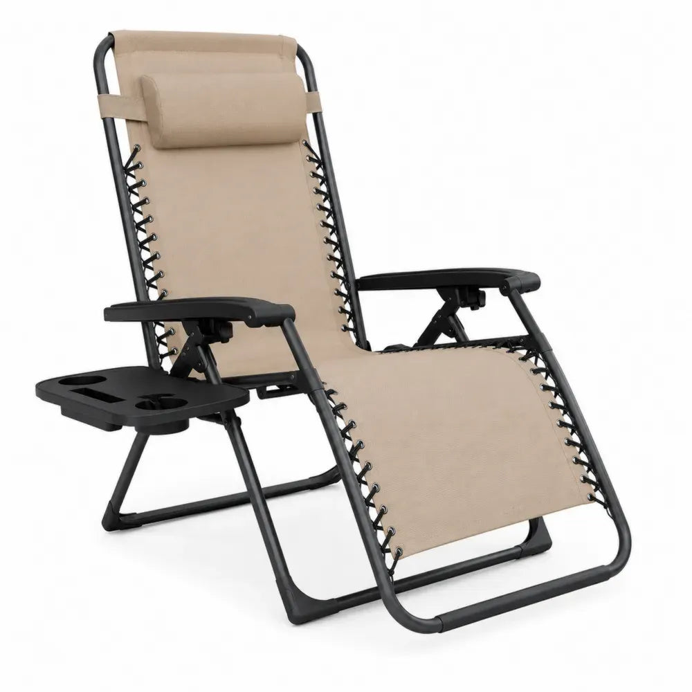 Relaxliege Gartenstuhl klappbar verstellbar mit Seitentisch Stahlrahmen 600D Oxford-Polyester Beige Schwarz 165 x 65 x 113 cm