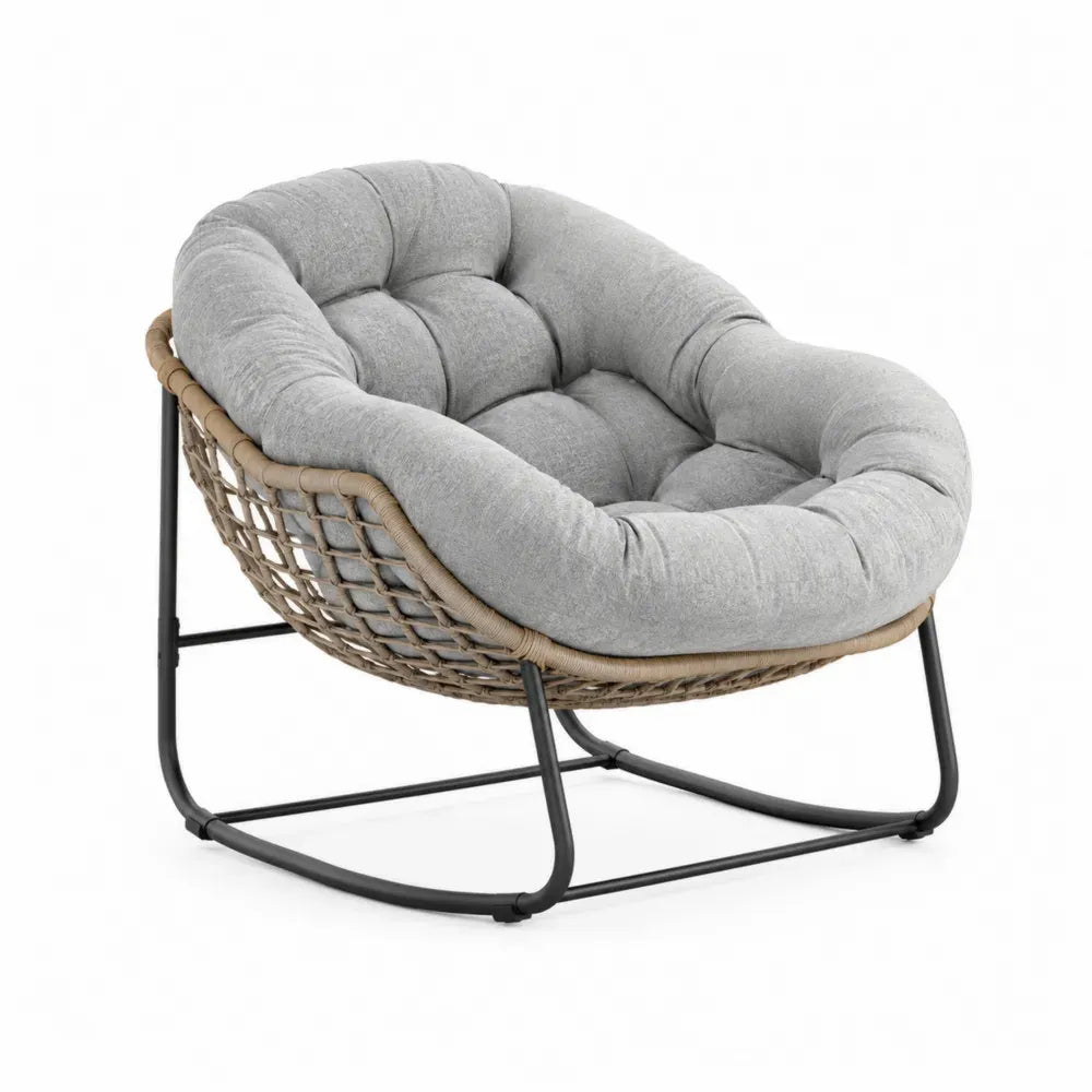 Papasan-Sessel Gartenstuhl rund aus PE-Rattan mit Stahlgestell und Polyesterkissen Grau Naturbeige Schwarz 92 x 86 x 82 cm
