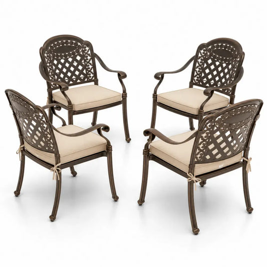 Gartenstuhl 4er Set mit Armlehnen Gussaluminium Bronzebraun Beige mit Polyesterkissen je 63 x 60 x 92 cm
