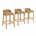 3er Set Gartenbarhocker mit Rückenlehne und Fußstütze Rattanrohr Rattangeflecht Natur 46 x 51 x 92 cm