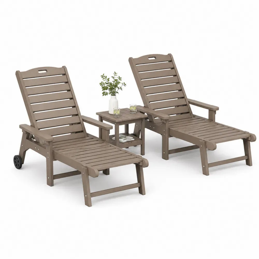 Sonnenliegen Set 3 teilig verstellbar mit Beistelltisch HDPE Kunststoff Taupe Schwarz Liege 198 x 66 x 92 cm Tisch 45 x 45 x 45 cm