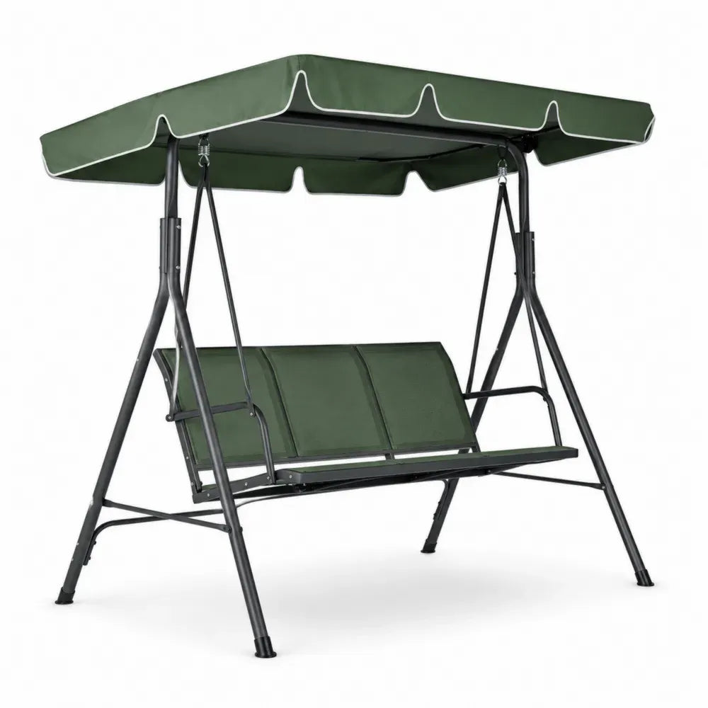 Hollywoodschaukel 3-Sitzer mit Dach rechteckig Stahlrahmen Schwarz Dunkelgrün PVC-beschichtetes Polyester 172 x 110 x 153 cm