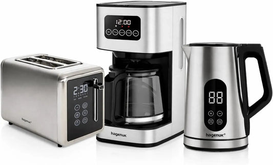 Kaffeemaschine, 1,5 L, 850 W, 2200 W, Touch-Bedienung, Timer, Warmhaltefunktion, 2 Temperaturzonen, Edelstahl, Digitales Frühstücksset Edelstahl