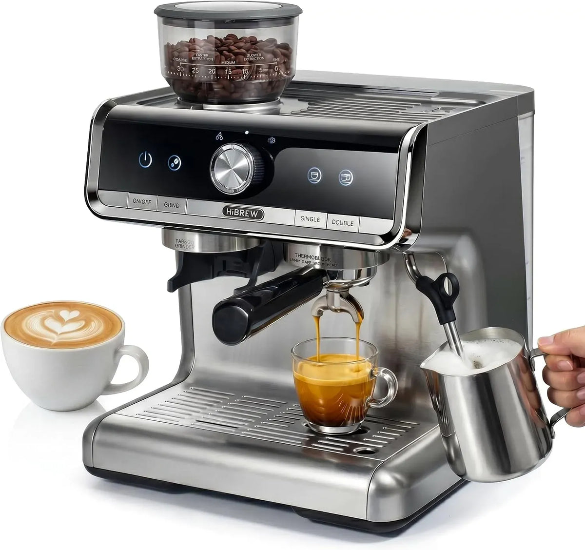 Espressomaschine, 1380 W, HIBREW, Dampf, Kaffeemaschine für Espresso, H7 Espressomaschine mit Mühle 1380W Dampfstab 20 bar