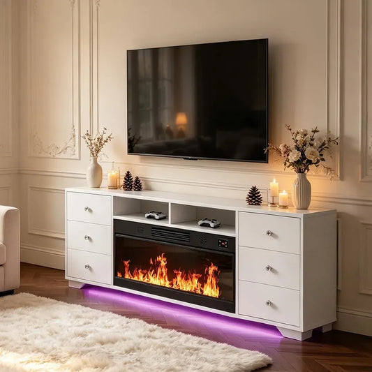 TV-Möbel, 140x 65x40cm, FENCHILIN RGB 6 140x, elektrischer Kamin, Elektrokamin mit TV-Schrank und RGB 6 Schubladen 140x 65x40cm