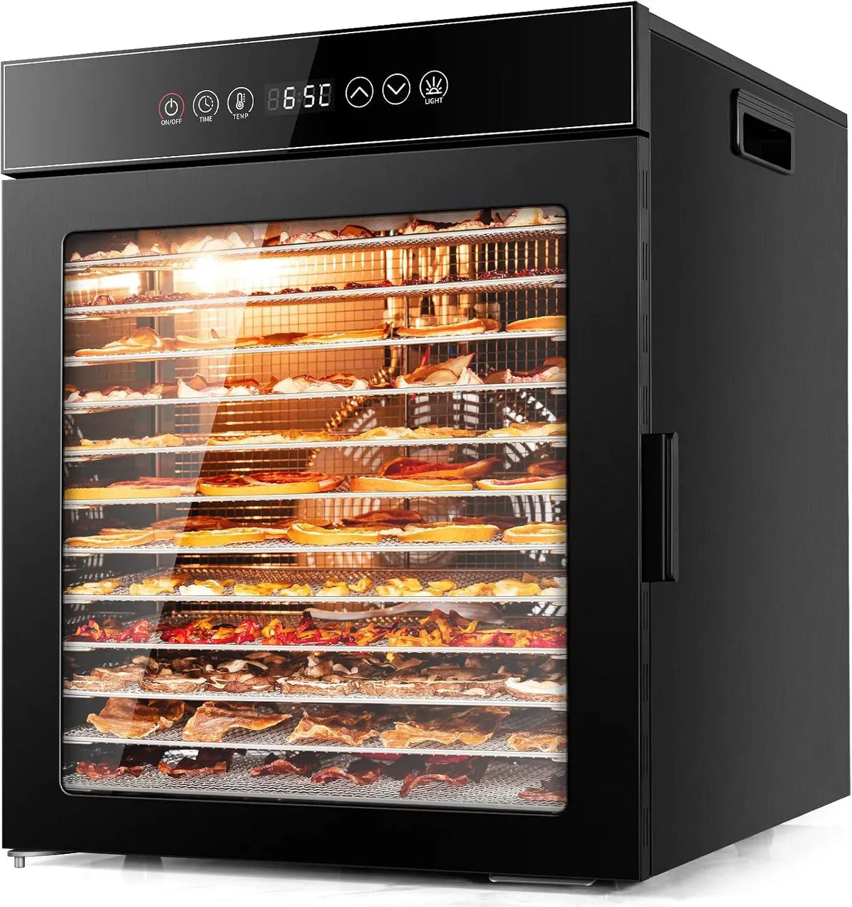 LT-09 Dörrautomat, Dörrgerät, Lebensmitteltrockner, 900 W, 30 bis 90 °C, Timer, 2 Temperaturzonen, Edelstahl, Schwarz