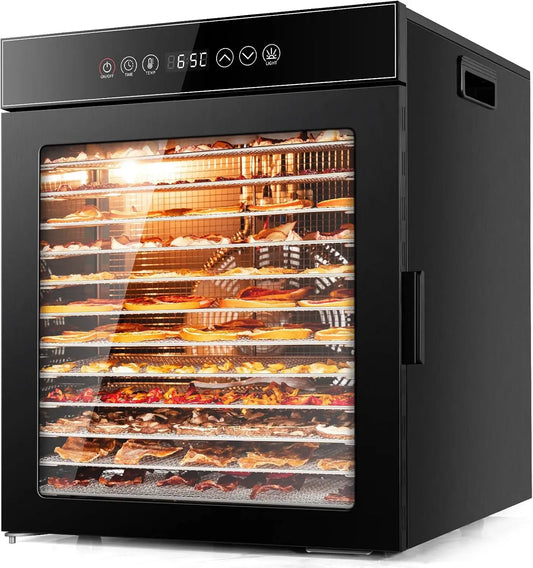 LT-09 Dörrautomat, Dörrgerät, Lebensmitteltrockner, 900 W, 30 bis 90 °C, Timer, 2 Temperaturzonen, Edelstahl, Schwarz