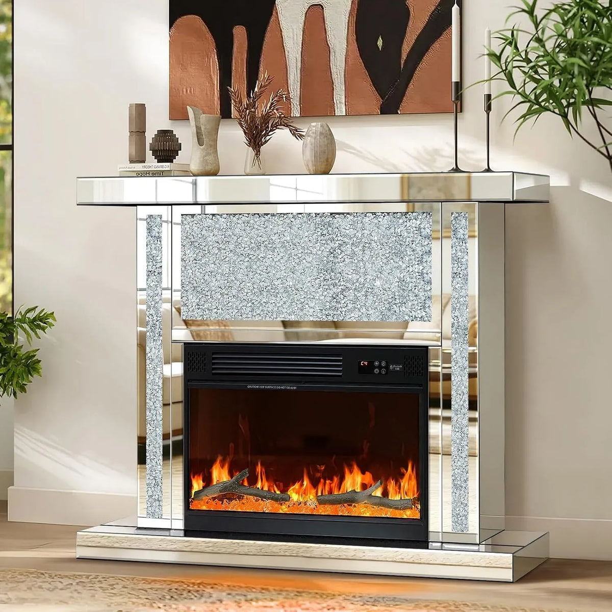 Lautsprecher 3D-Flammeneffekt, freistehend, Bluetooth, 3D-Optik, Wohnzimmergestaltung, silberner freistehender Kamin für Wohnzimmer, 7 Farben