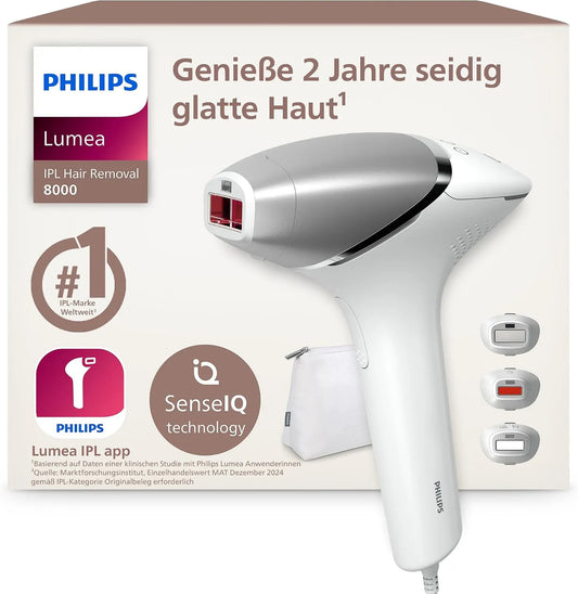 Philips IPL 8000 BRI946/00 IPL Geräte Haarentfernung für bis zu 2 Jahre seidig-glatte Haut¹ mit 3 Aufsätzen für Körper & Gesicht, Alternative zur