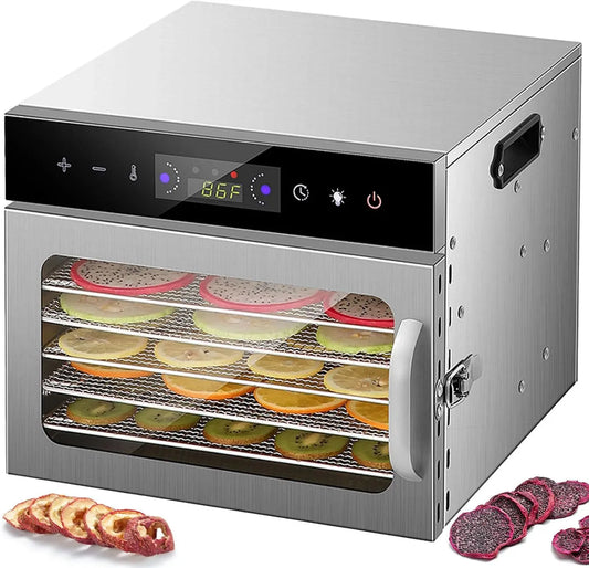 6-Tier Dörrautomat, Lebensmitteltrockner, 30 bis 90 °C, Edelstahl, für Obst/Fleisch/Gemüse/Tiernahrung