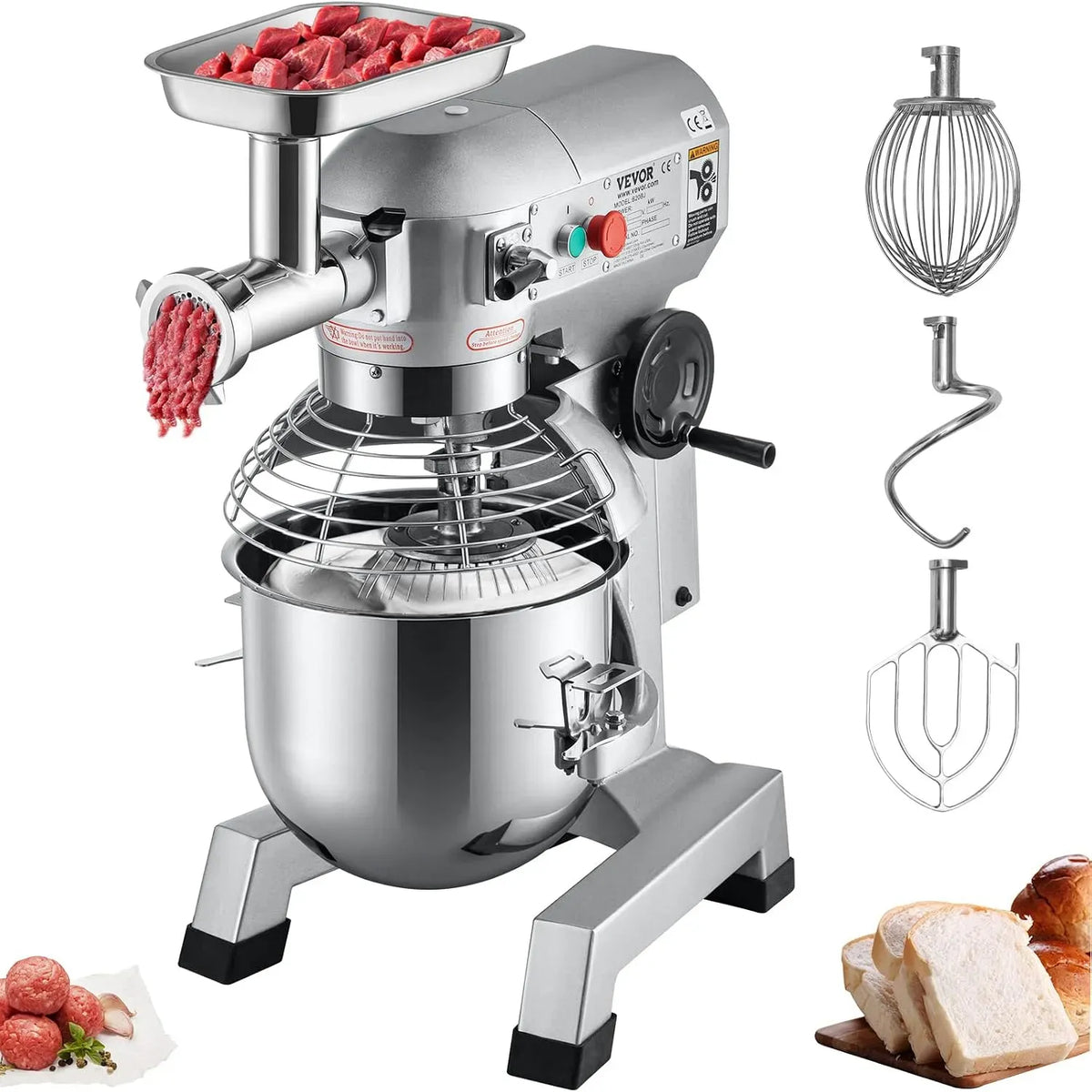 VEVOR Küchenmaschine, 20 L, 1100 W, 3 Geschwindigkeiten, Edelstahl, Standmixer 3 Geschwindigkeiten