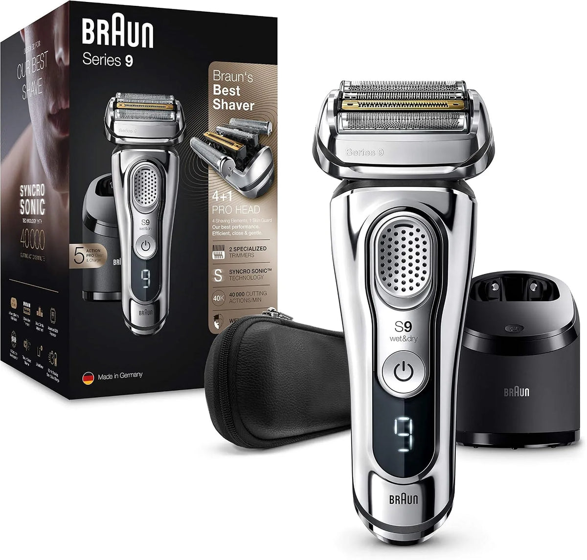 Braun Series 9 9395cc Elektrorasierer, Ladestation, Ledertasche, für Herren