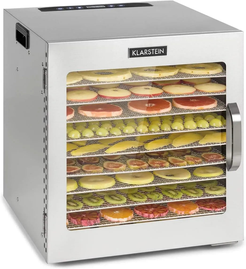 Klarstein 24-Stunden-Timer Dörrautomat, Dörrgerät, Lebensmitteltrockner, 1000 W, 30 bis 90 °C, Touch-Bedienung, Glas, Edelstahl, Silber, für Obst